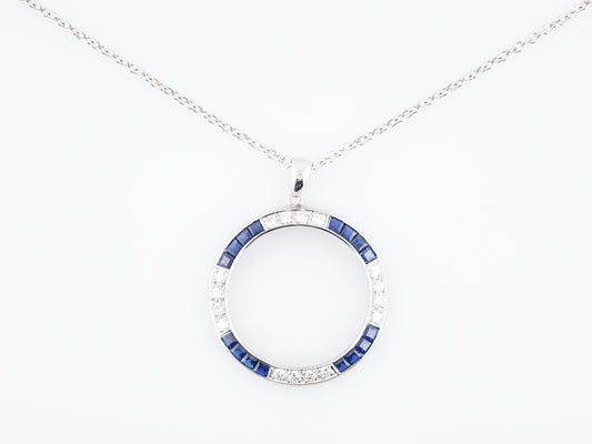 Antique Necklace Art Deco .48 Round Full Cut Diamonds & .96 Square Step Cut Sapphires in 18k White Gold