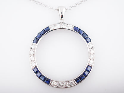 Antique Necklace Art Deco .48 Round Full Cut Diamonds & .96 Square Step Cut Sapphires in 18k White Gold