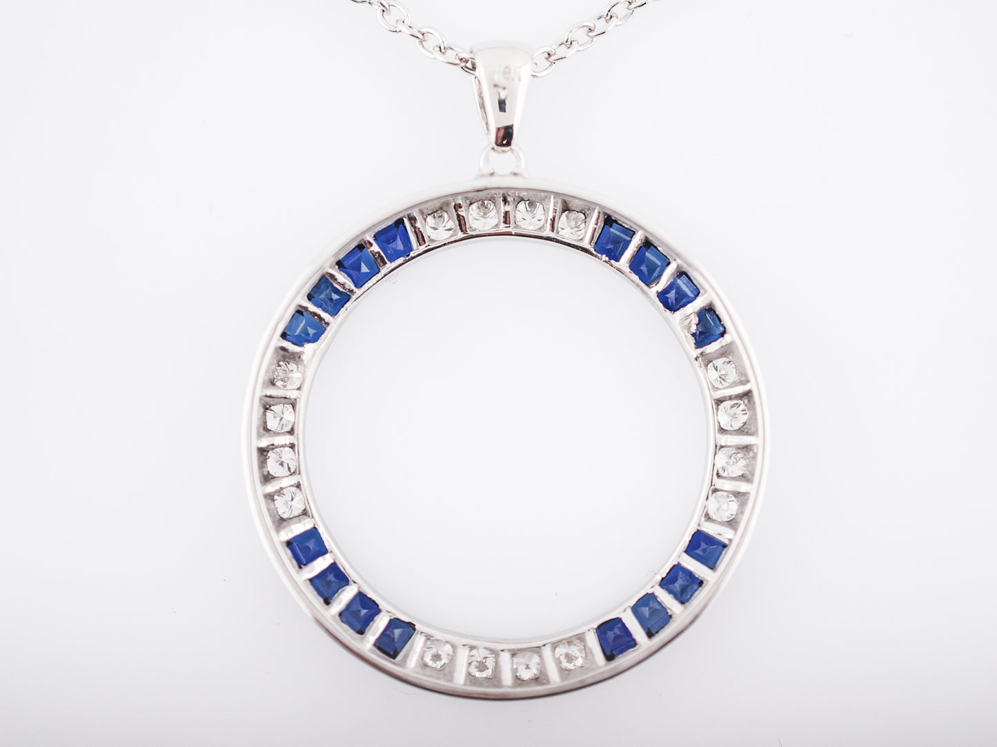 Antique Necklace Art Deco .48 Round Full Cut Diamonds & .96 Square Step Cut Sapphires in 18k White Gold
