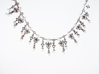 Antique Necklace Victorian 2.28 Single Cut Diamonds & Pearl in Sterling Silver & 14K White Gold