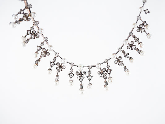 Antique Necklace Victorian 2.28 Single Cut Diamonds & Pearl in Sterling Silver & 14K White Gold