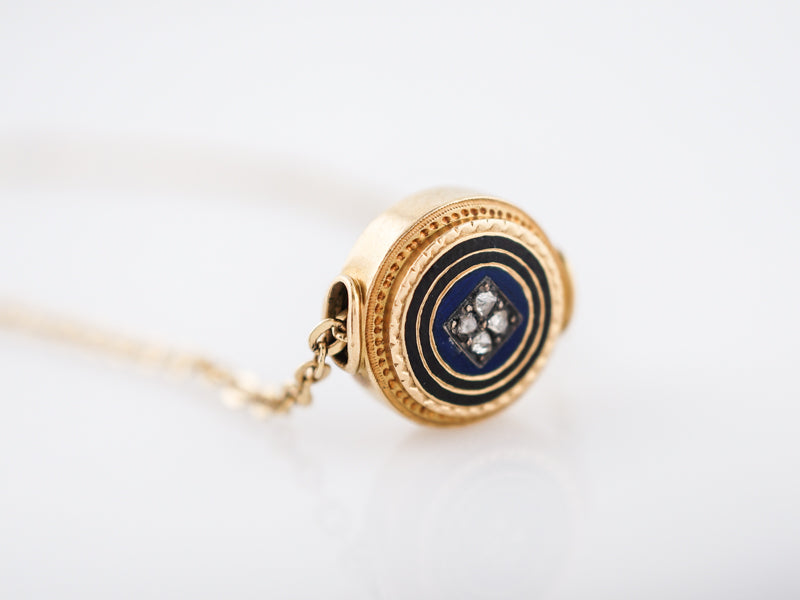 Antique Necklace Victorian Enamel Slide Pendant.08 Rose Cut Diamonds in 18k Yellow Gold