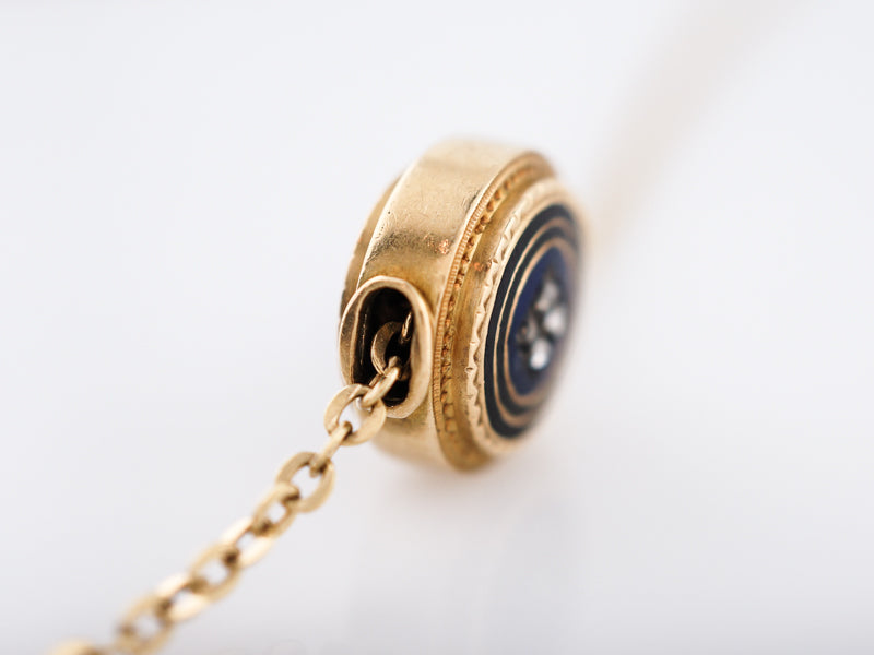 Antique Necklace Victorian Enamel Slide Pendant.08 Rose Cut Diamonds in 18k Yellow Gold