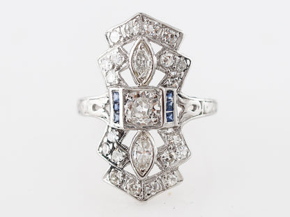 Vintage Right Hand Ring Art Deco .35 Old European Cut Diamond & Sapphire in Platinum