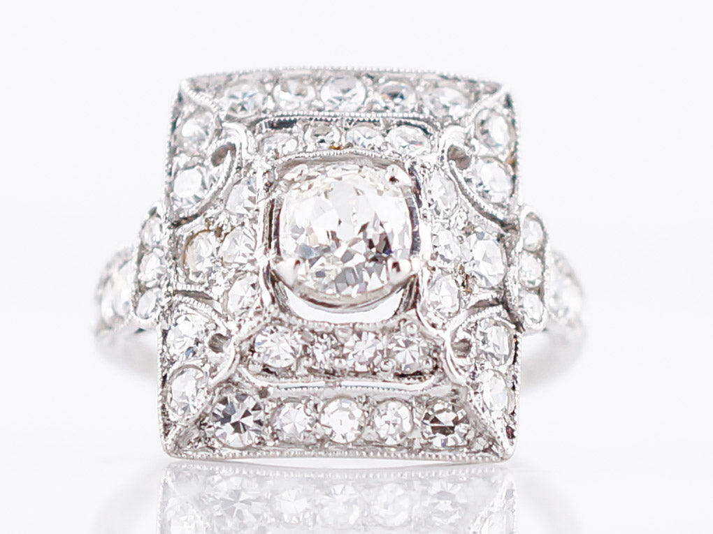 Antique Right Hand Ring Art Deco 1.68 Carat of Old Mine Cushion & Single Cut Diamonds in Platinum