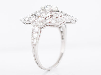 Antique Right Hand Ring Art Deco 1.68 Carat of Old Mine Cushion & Single Cut Diamonds in Platinum