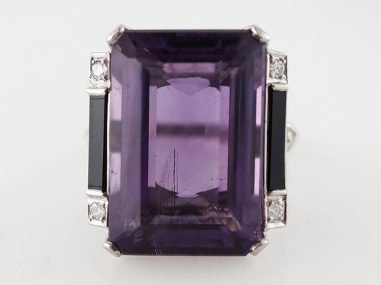 Vintage Right Hand Ring Art Deco 24.30 Emerald Cut Amethyst & Onyx in Platinum