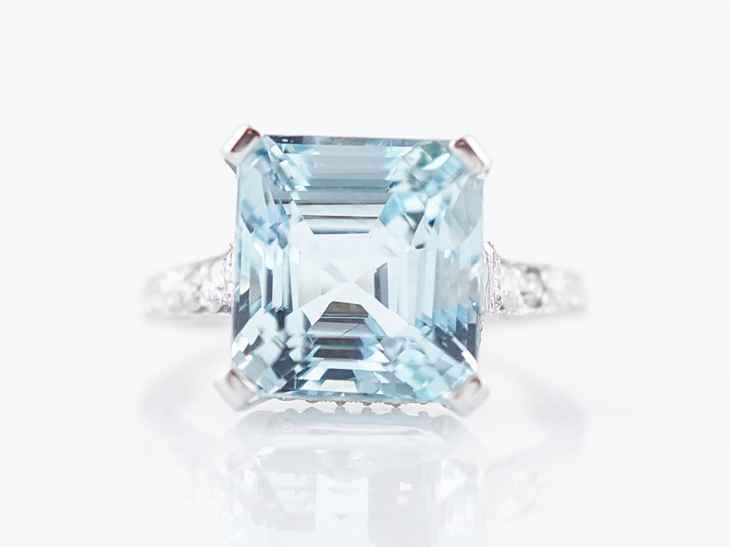Antique Right Hand Ring Art Deco 5.04 Square Step Cut Aquamarine & Diamonds in Platinum