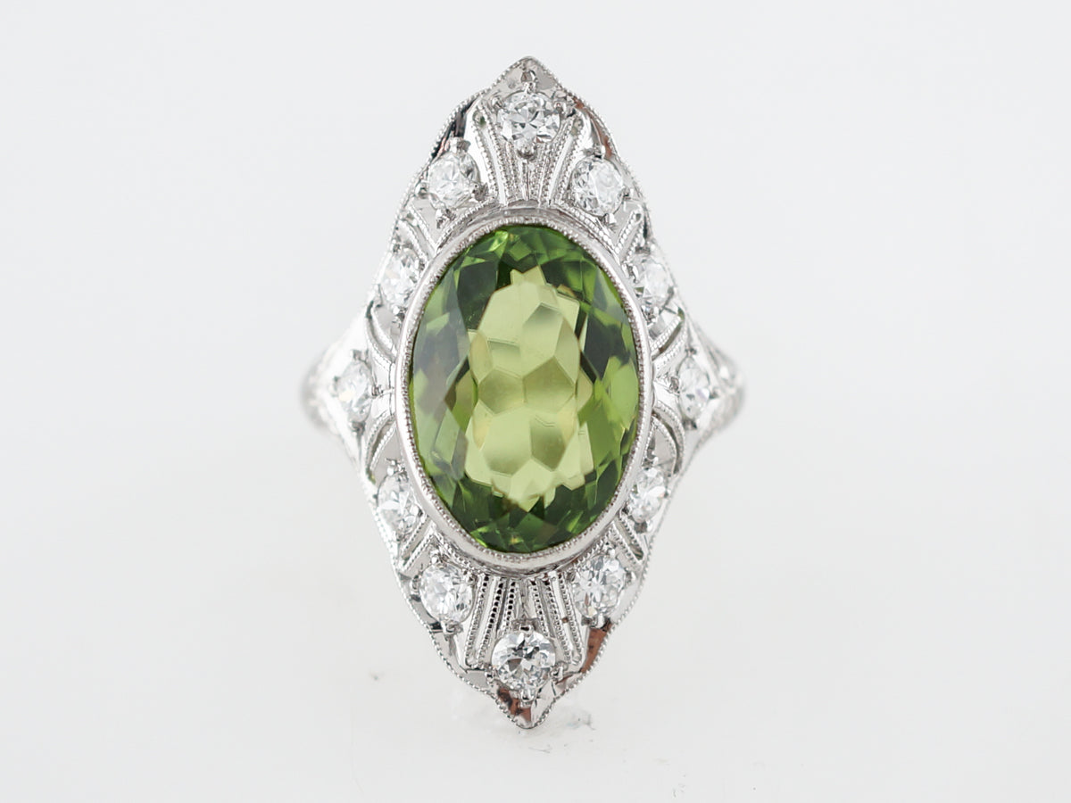 Antique Right Hand Ring Art Deco 5.50 Oval Cut Peridot in Platinum