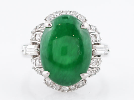 Antique Right Hand Ring Art Deco 5.67 Cabochon Cut Jade in Platinum