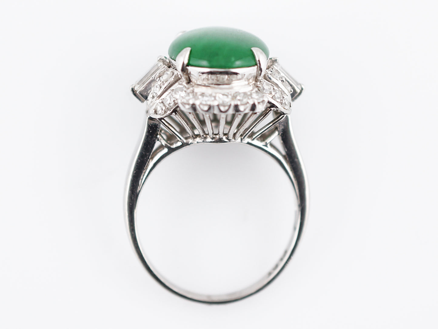 Antique Right Hand Ring Art Deco 5.67 Cabochon Cut Jade in Platinum