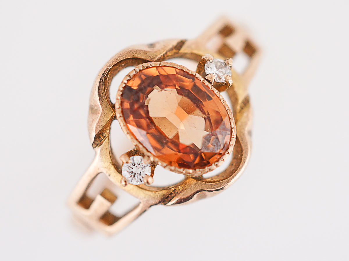 Antique Right Hand Ring Art Nouveau .99 Oval Cut Orange Zircon in 14k Yellow Gold