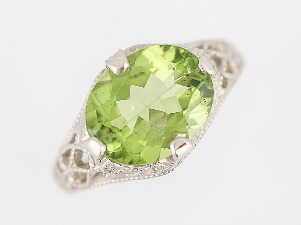 Antique Right Hand Ring Edwardian 2.20 Oval Cut Peridot in 14K White Gold