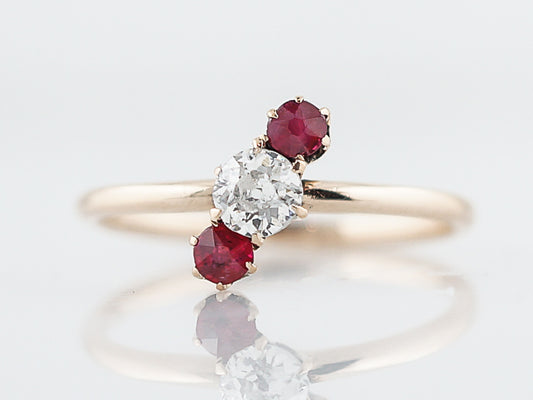 Antique Right Hand Ring Victorian .25 Old European Cut Diamond & .20 Round Cut Rubies in 14K Yellow Gold