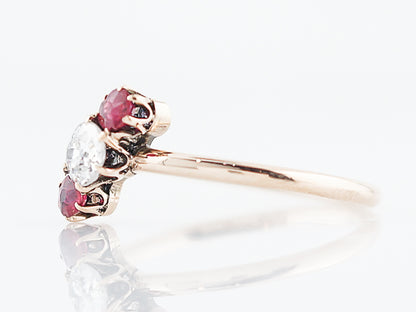 Antique Right Hand Ring Victorian .25 Old European Cut Diamond & .20 Round Cut Rubies in 14K Yellow Gold