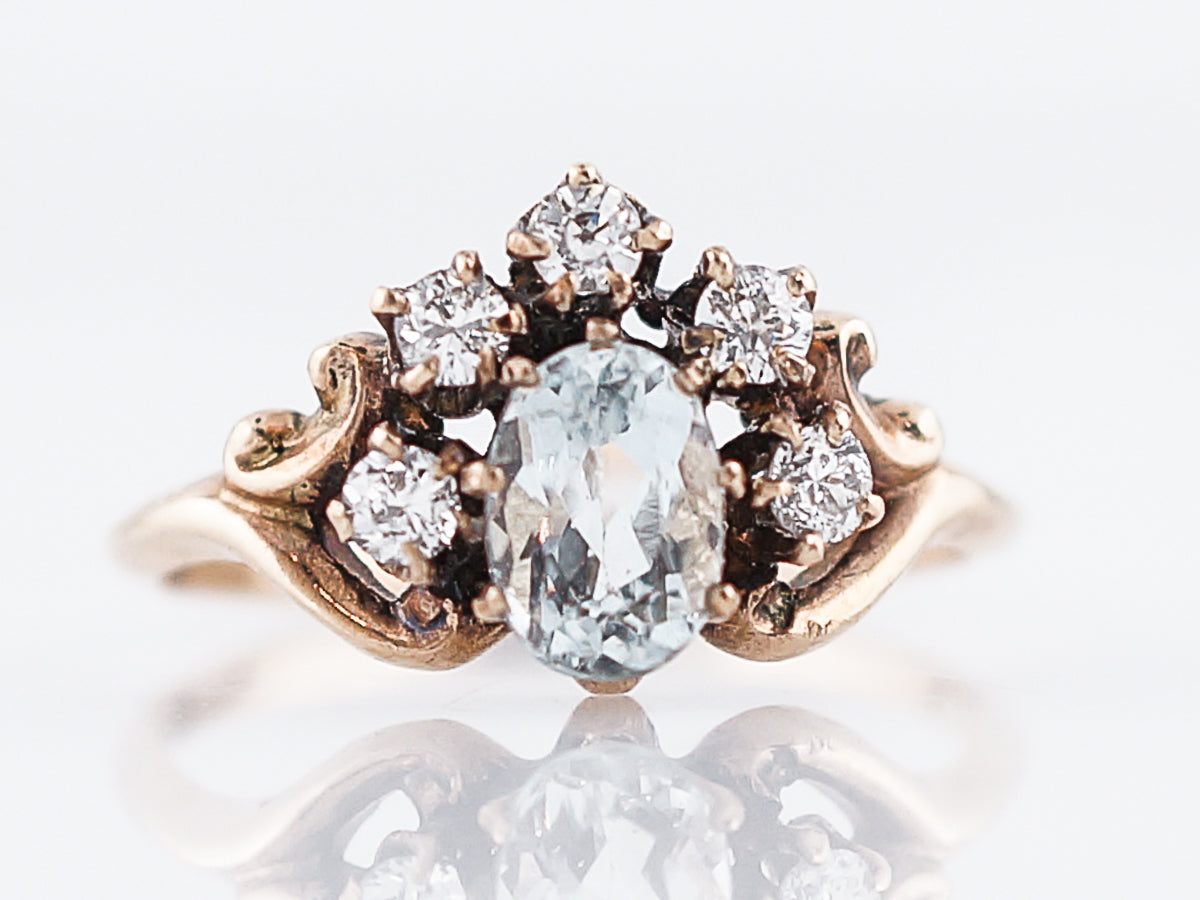 Antique Cluster Right Hand Ring Victorian .49 Oval Cut Aquamarine & Diamonds in 12-14K Rose Gold