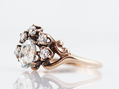 Antique Cluster Right Hand Ring Victorian .49 Oval Cut Aquamarine & Diamonds in 12-14K Rose Gold
