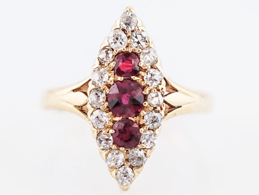 Antique Right Hand Ring Victorian .53 Round Cut Ruby's & .80 Old Mine Cut Diamonds in 18k Yellow Gold