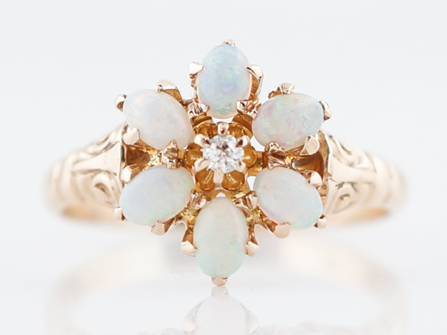 Antique Right Hand Ring Victorian Opal & Diamond in 14k Yellow Gold