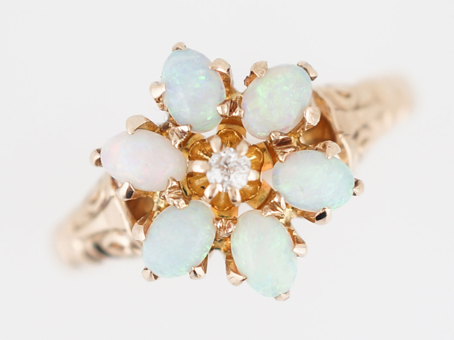 Antique Right Hand Ring Victorian Opal & Diamond in 14k Yellow Gold