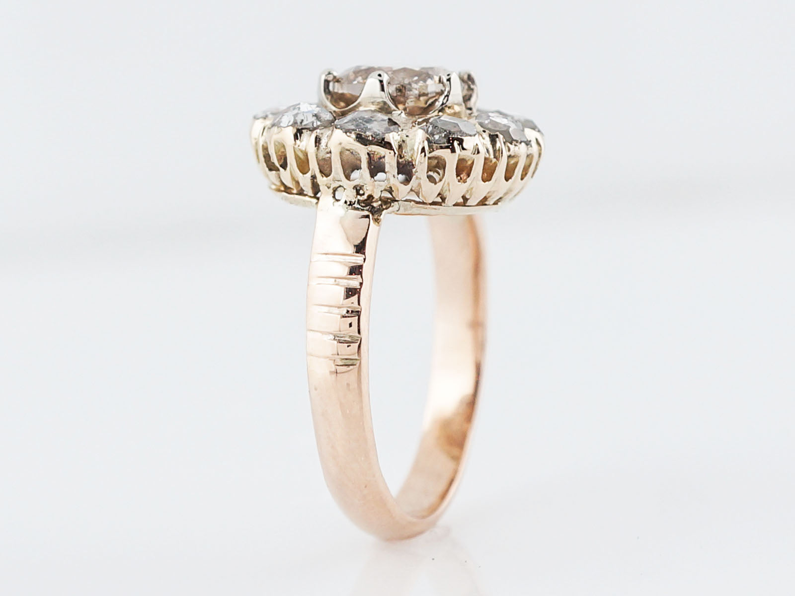 Antique Cocktail Ring Victorian 1.03 Round Brilliant Cut Diamond in 10k Yellow Gold
