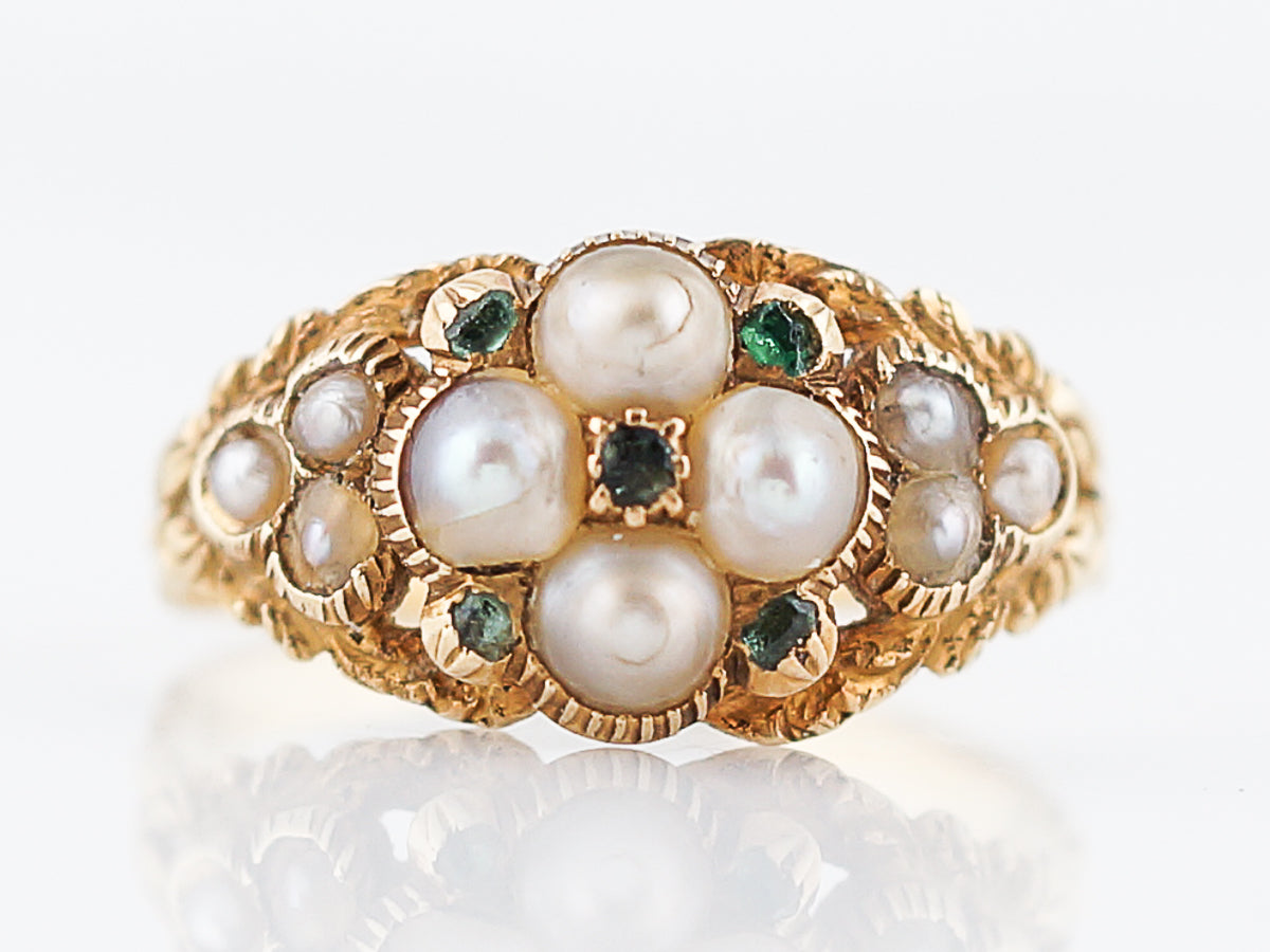 Antique Right Hand Ring Georgian Pearl & .10 Round Cut Emeralds 14k Yellow Gold Memorial Ring