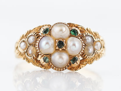 Antique Right Hand Ring Georgian Pearl & .10 Round Cut Emeralds 14k Yellow Gold Memorial Ring