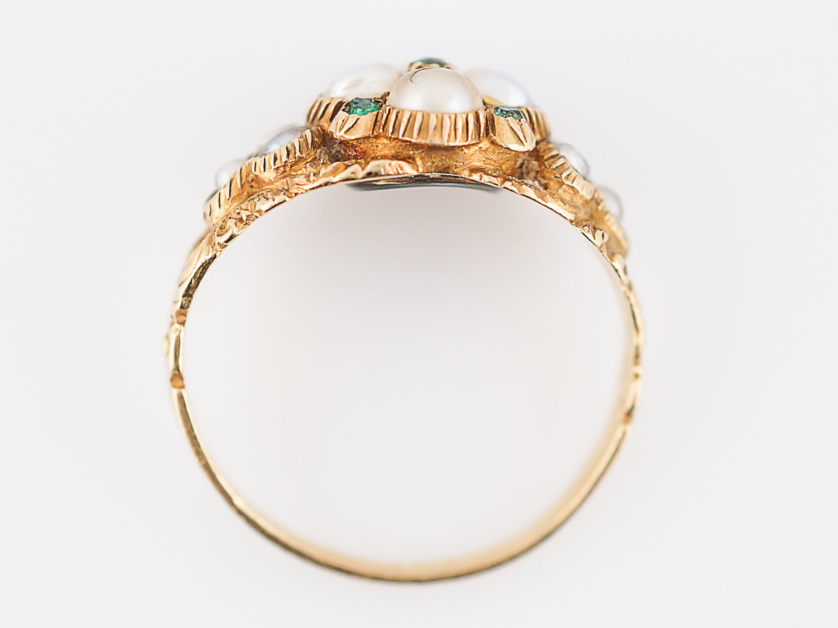 Antique Right Hand Ring Georgian Pearl & .10 Round Cut Emeralds 14k Yellow Gold Memorial Ring