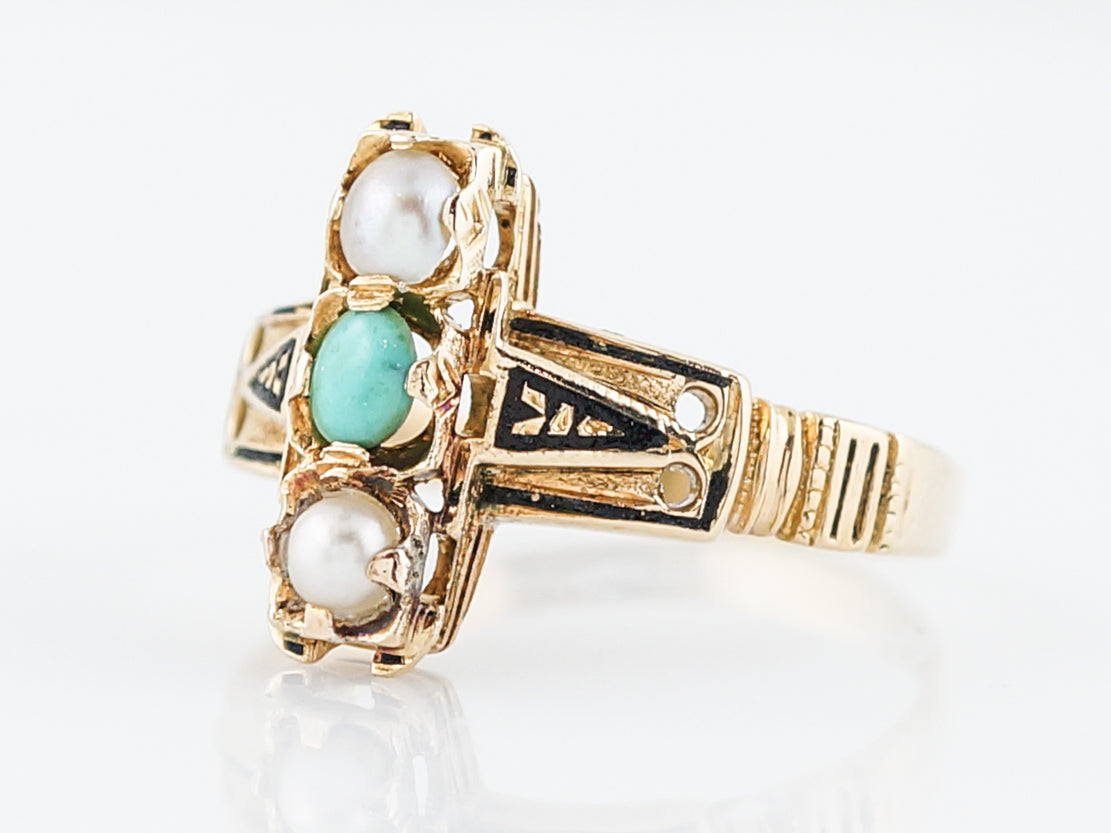 Antique Right Hand Ring Victorian Turquoise & Seed Pearls in 18k Yellow Gold