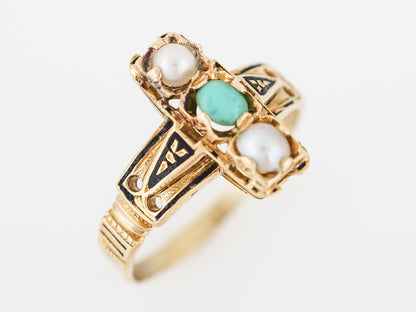 Antique Right Hand Ring Victorian Turquoise & Seed Pearls in 18k Yellow Gold
