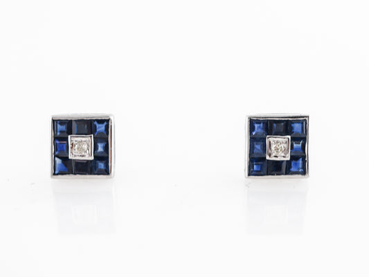 Antique Style Earring Studs w/ Diamond & Sapphire in 18k