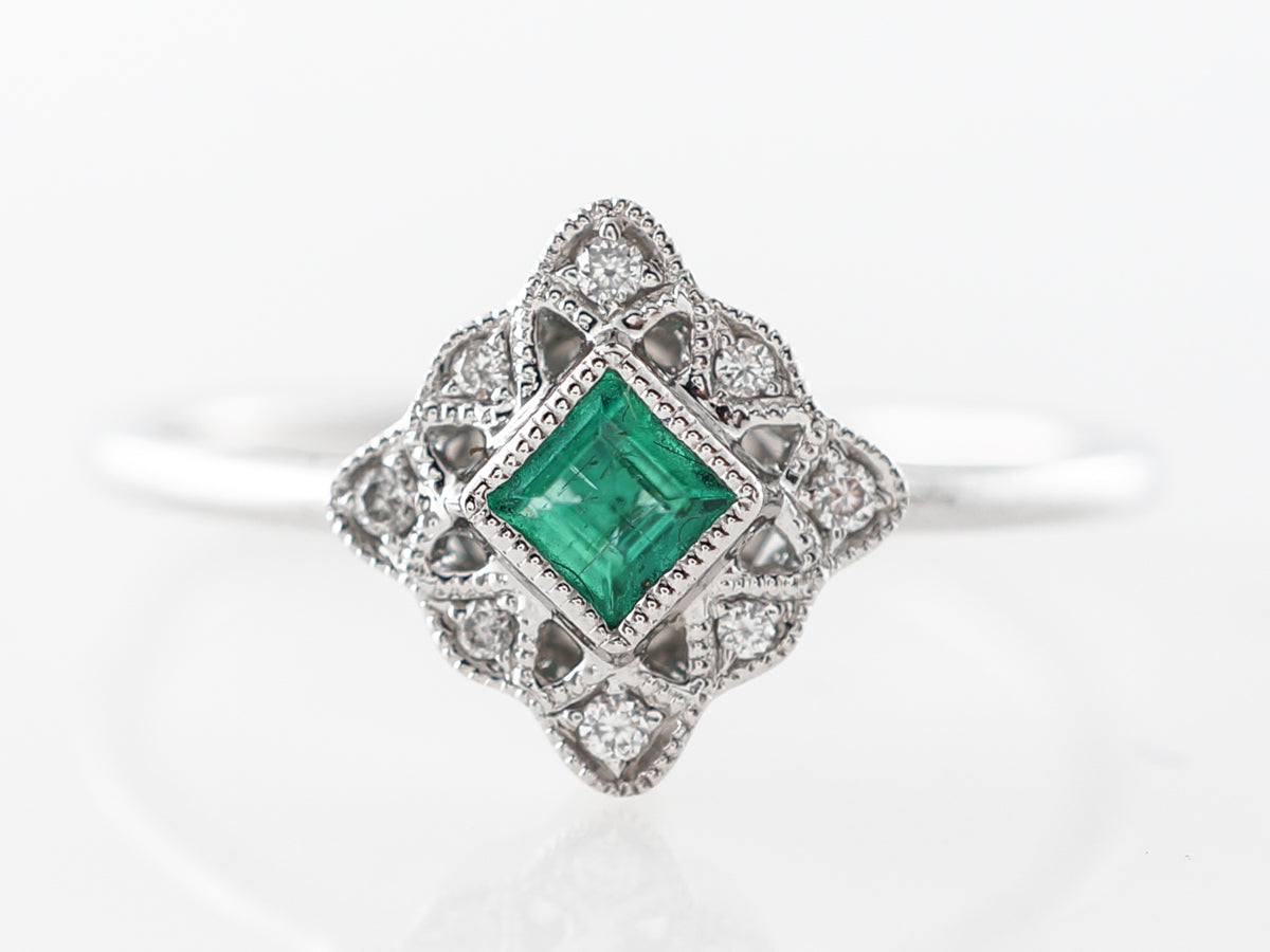 Antique Style Emerald & Diamond Ring in 14k White Gold