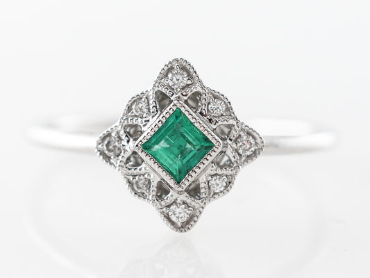 Antique Style Emerald & Diamond Ring in 14k White Gold