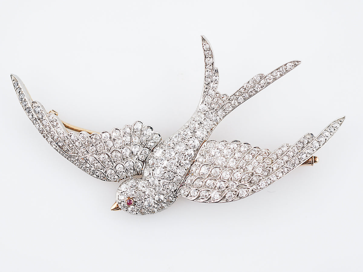 Antique Bird Brooch Edwardian 3.07 Old European Cut Diamonds in Platinum & 18k Yellow Gold