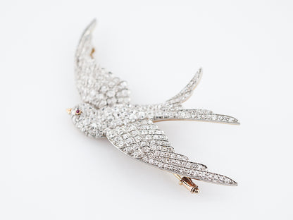 Antique Bird Brooch Edwardian 3.07 Old European Cut Diamonds in Platinum & 18k Yellow Gold