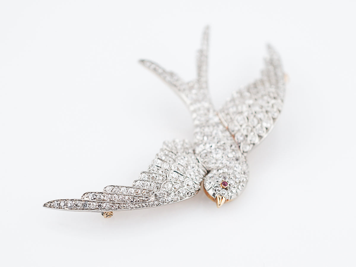 Antique Bird Brooch Edwardian 3.07 Old European Cut Diamonds in Platinum & 18k Yellow Gold