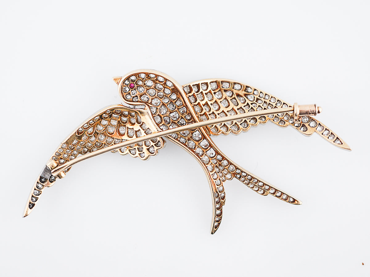 Antique Bird Brooch Edwardian 3.07 Old European Cut Diamonds in Platinum & 18k Yellow Gold