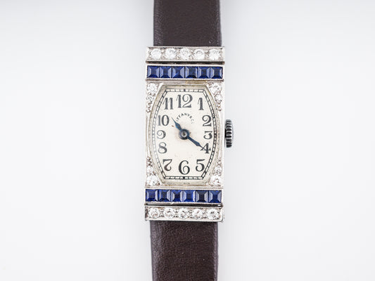 Antique Tiffany & Co Ladies Watch Art Deco 1.20 Square Cut Sapphires and .44 Diamonds in Platinum