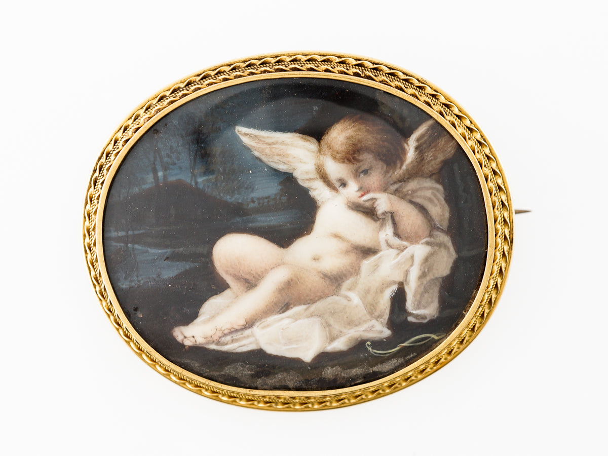 Antique Victorian Painted Cherub Brooch in 18k Yellow Gold