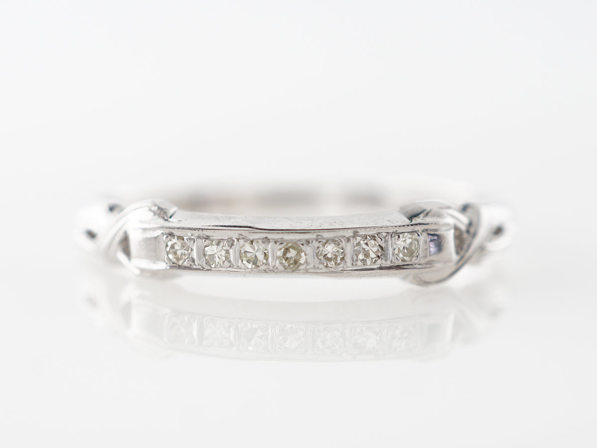 Antique Wedding Band w/ Diamonds & Engraving in White Gold