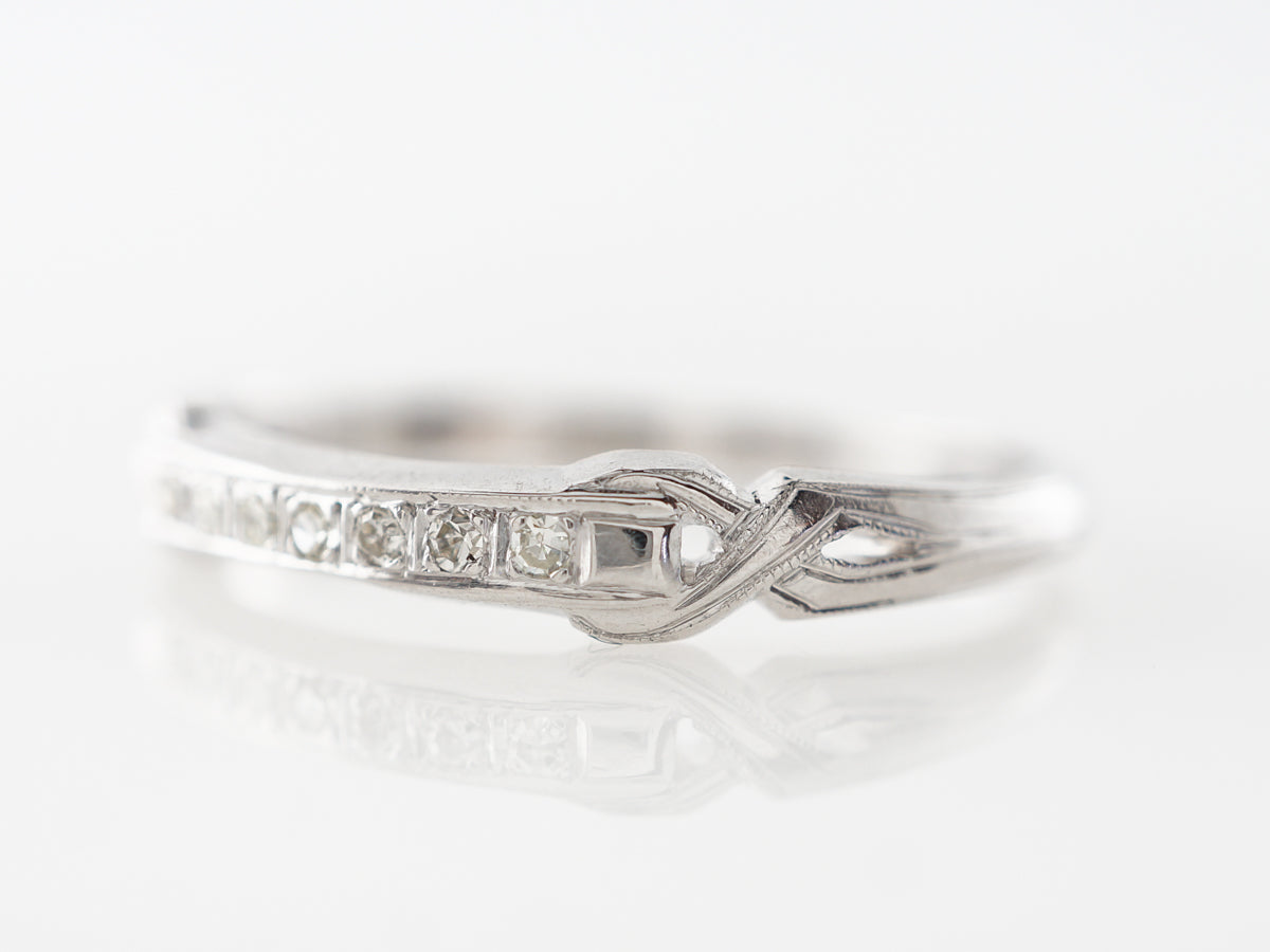 Antique Wedding Band w/ Diamonds & Engraving in White Gold