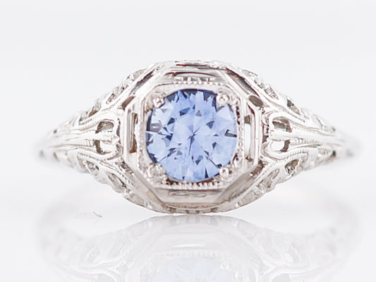Antique Engagement Ring Art Deco .69 Round Brilliant Cut Sapphire in 14k White Gold