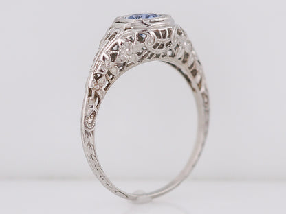 Antique Engagement Ring Art Deco .69 Round Brilliant Cut Sapphire in 14k White Gold