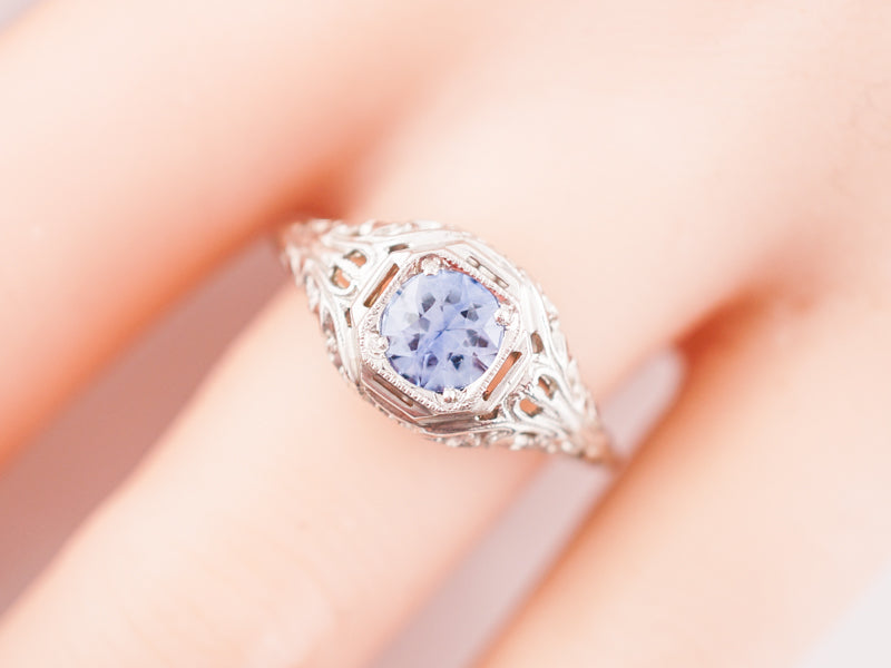 Antique Engagement Ring Art Deco .69 Round Brilliant Cut Sapphire in 14k White Gold