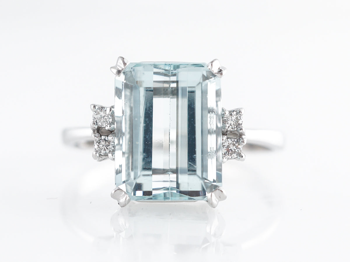 Emerald Cut Aquamarine Ring w/ Diamonds in 18K White Gold
