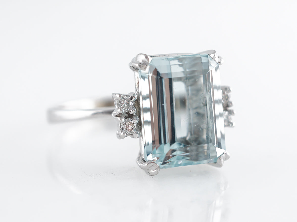 Emerald Cut Aquamarine Ring w/ Diamonds in 18K White Gold