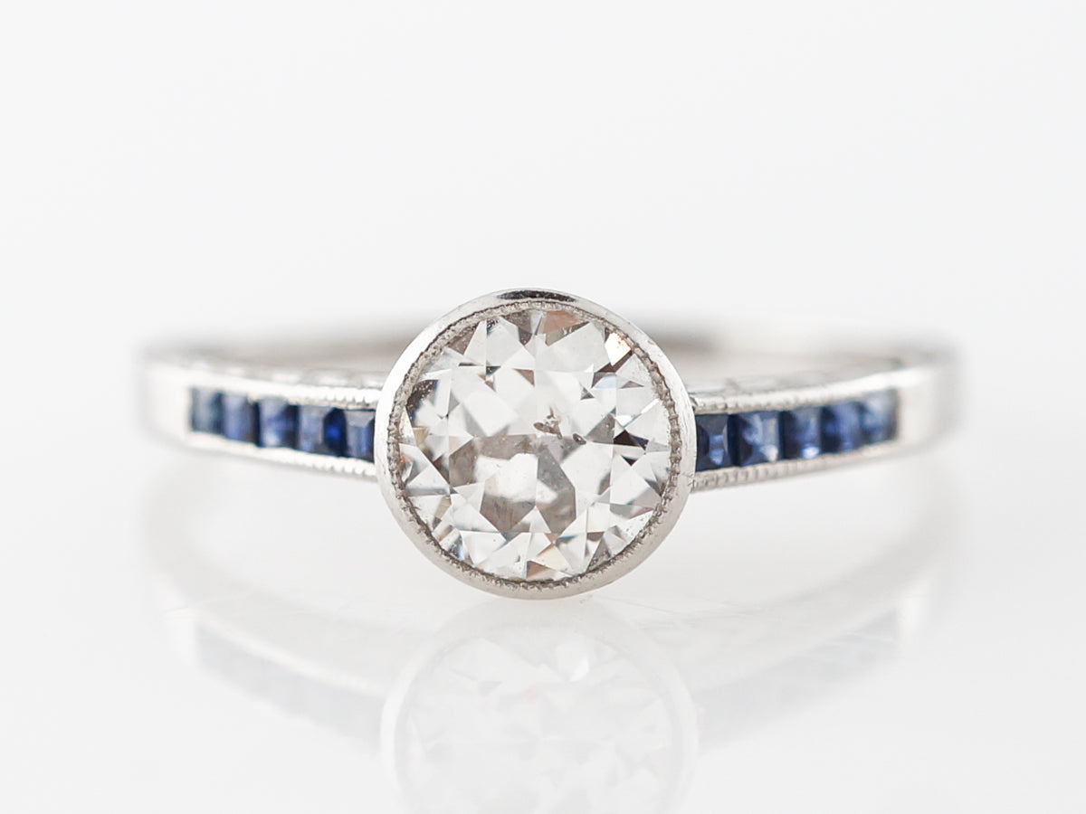 Vintage European Cut Diamond Engagement Ring w/ Sapphire Accents