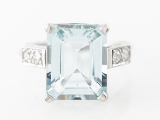 Deco Emerald Cut Aquamarine & Diamond Ring in Platinum