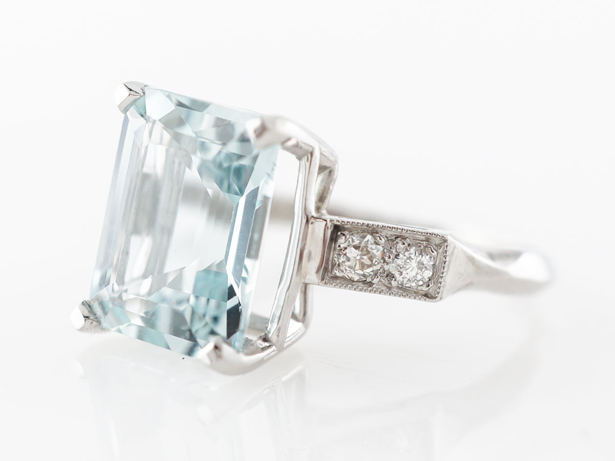 Deco Emerald Cut Aquamarine & Diamond Ring in Platinum