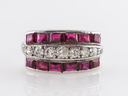 Art Deco Ruby and Diamond Cocktail Ring in 14k White Gold